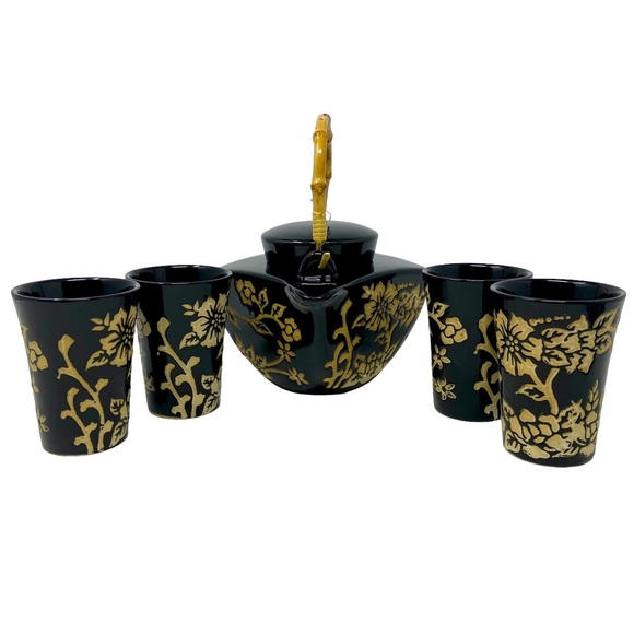 Beautiful Vintage Asian Black and Beige Floral Design Teapot Set. 5pc. - Picture 1 of 10